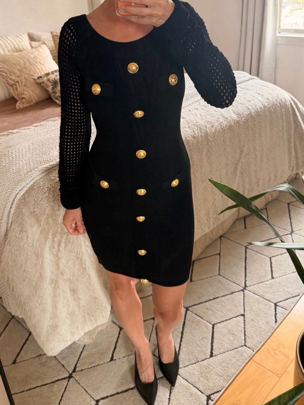 Balmain Black One-Shoulder Mesh Knit Dress with Gold Buttons - Picture 3 of 5